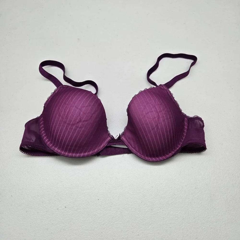 Btempt'd Women Bra 34B Purple Striped T Shirt Underwired Lace Mesh